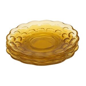 Set of 3 Federal Glass saucers vintage yellow glass plates Yorktown pattern gold